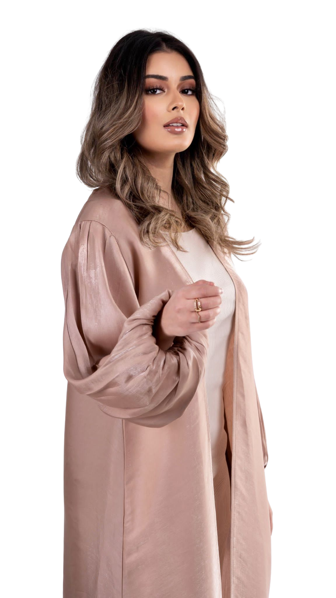 MARJANA SHINY NUDE KIMONO WITH BALLOON SLEEVES | BELA FAZANI