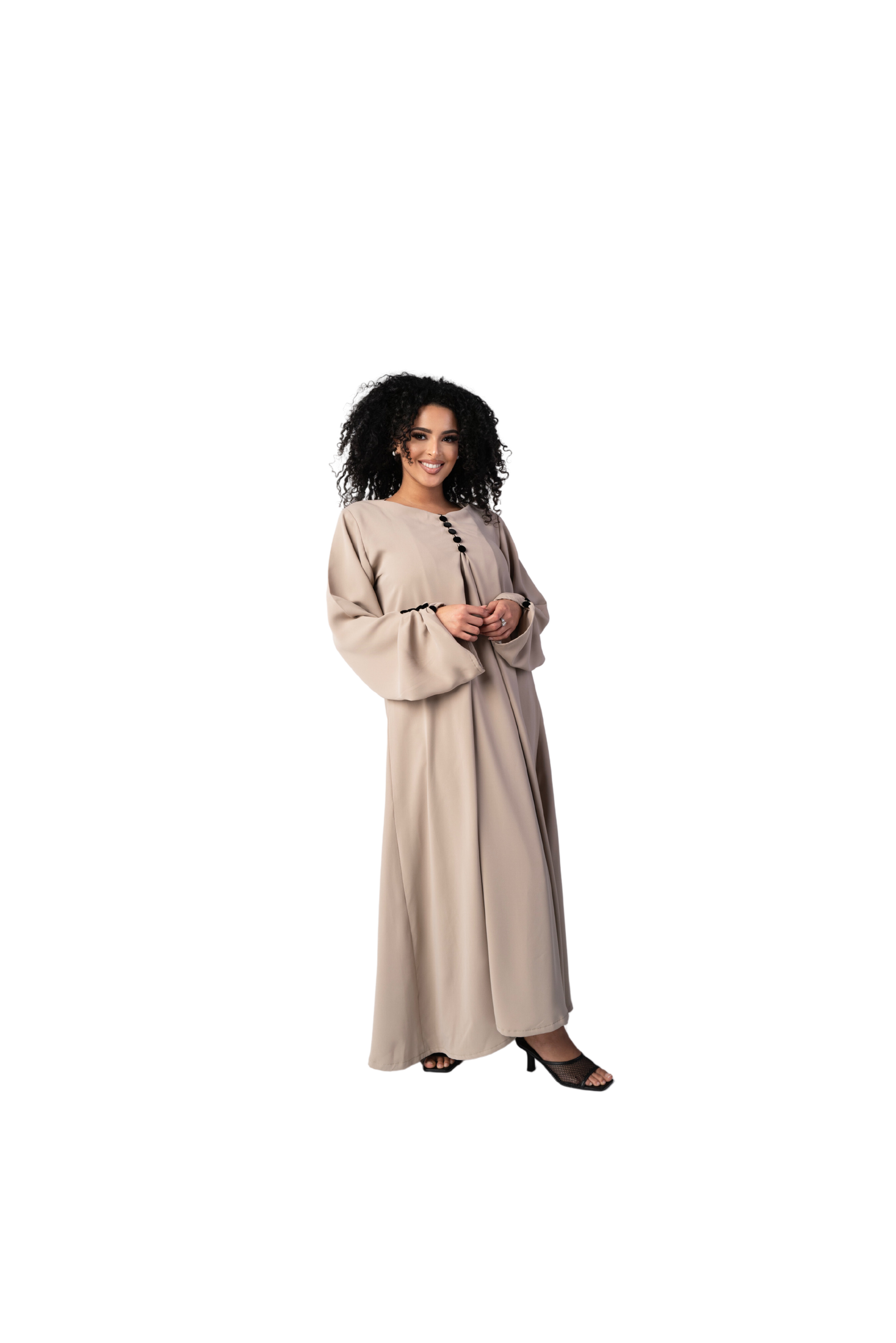 CLASSIC TAUPE BUTTON ABAYA | BELA FAZANI