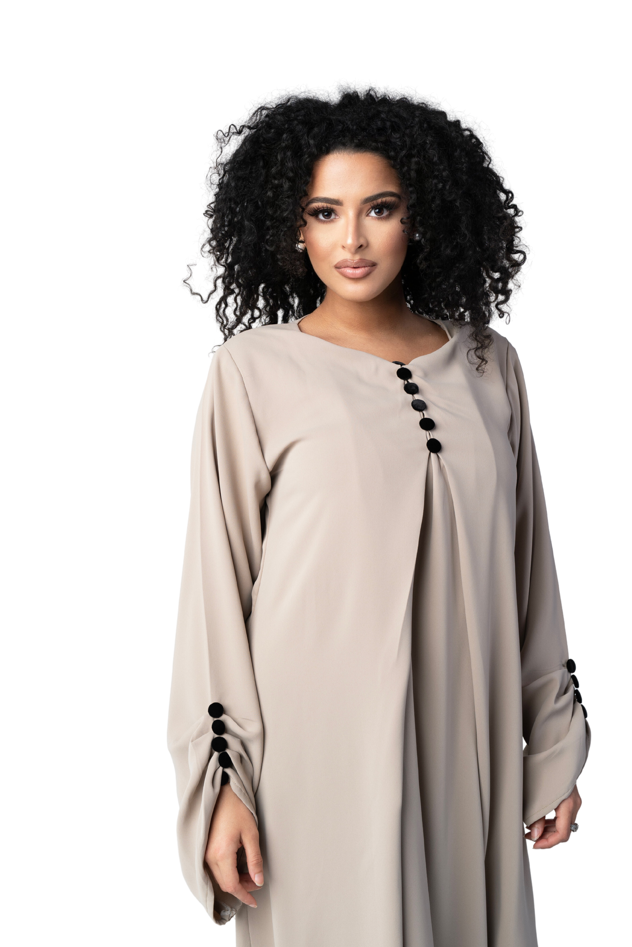 CLASSIC TAUPE BUTTON ABAYA | BELA FAZANI