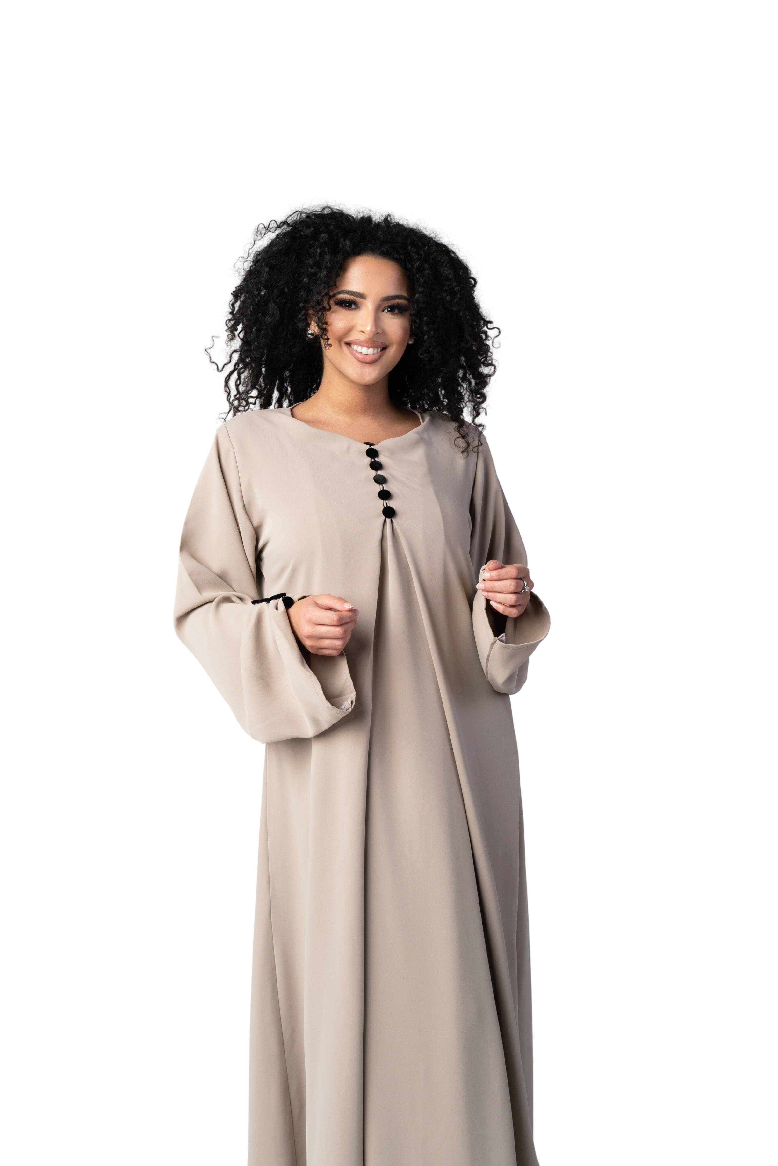 CLASSIC TAUPE BUTTON ABAYA | BELA FAZANI