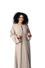 Load image into Gallery viewer, CLASSIC TAUPE BUTTON ABAYA | BELA FAZANI
