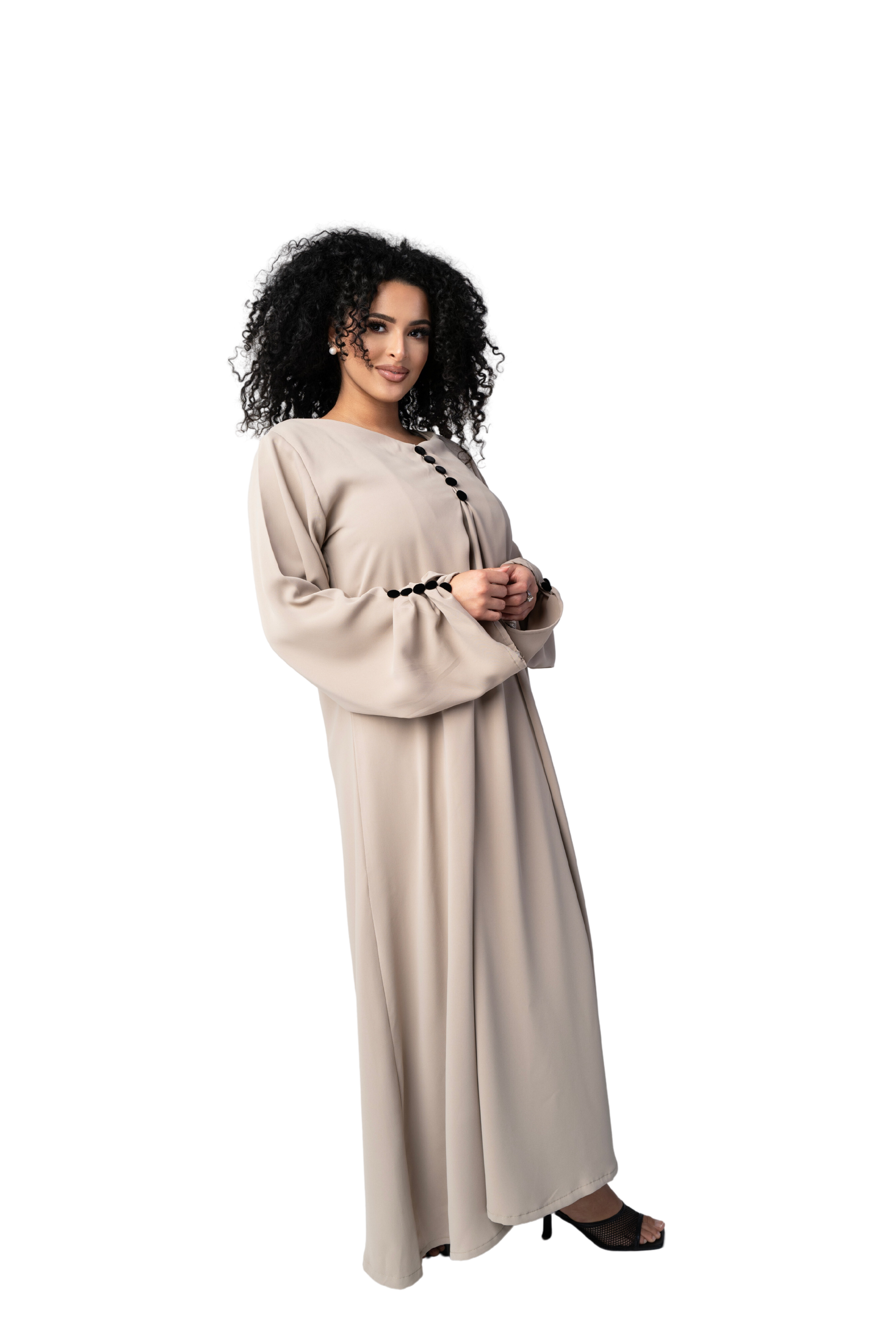 CLASSIC TAUPE BUTTON ABAYA | BELA FAZANI