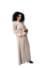 Load image into Gallery viewer, CLASSIC TAUPE BUTTON ABAYA | BELA FAZANI
